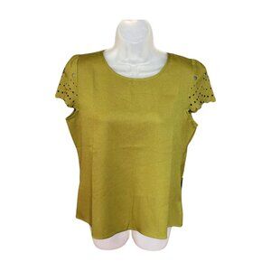 Shein Laser Cut Out Scallop Sleeve Blouse Crew Neck Keyhole-Back Green Size M